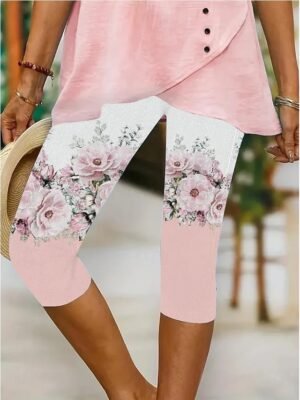 Vintage Slim Fit High Waist Floral Graphic Calf-Length Leggings - Image 4