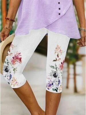 Vintage Slim Fit High Waist Floral Graphic Calf-Length Leggings - Image 5