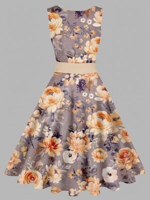 Vintage Slim Floral Crew Neck Sleeveless Midi Tea Dress - Image 1