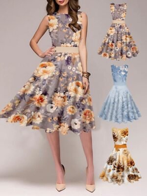 Vintage Slim Floral Crew Neck Sleeveless Midi Tea Dress - Image 2