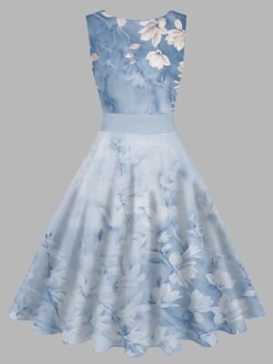 Vintage Slim Floral Crew Neck Sleeveless Midi Tea Dress - Image 4