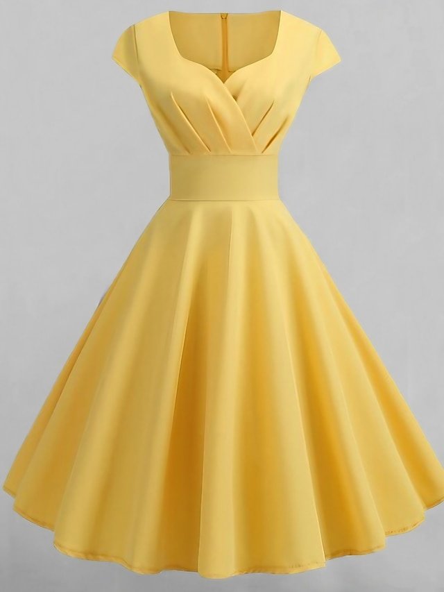 Vintage Slim Pure Colour Crew Neck Short Sleeve Midi Dress - Image 1