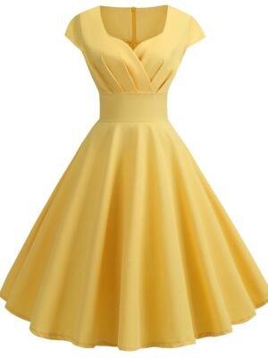 Vintage Slim Pure Colour Crew Neck Short Sleeve Midi Dress - Image 2