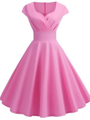 Vintage Slim Pure Colour Crew Neck Short Sleeve Midi Dress - Image 3