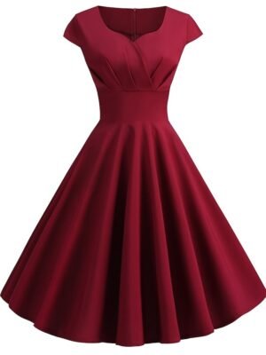 Vintage Slim Pure Colour Crew Neck Short Sleeve Midi Dress - Image 4