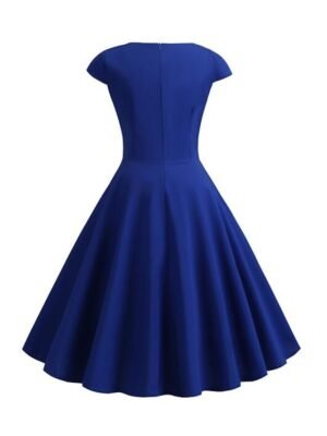 Vintage Slim Pure Colour Crew Neck Short Sleeve Midi Dress - Image 7