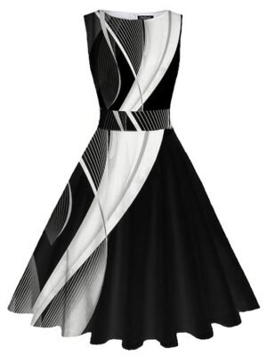 Vintage Slim Ruched Print Crew Neck Sleeveless Midi Tea Dress - Image 1