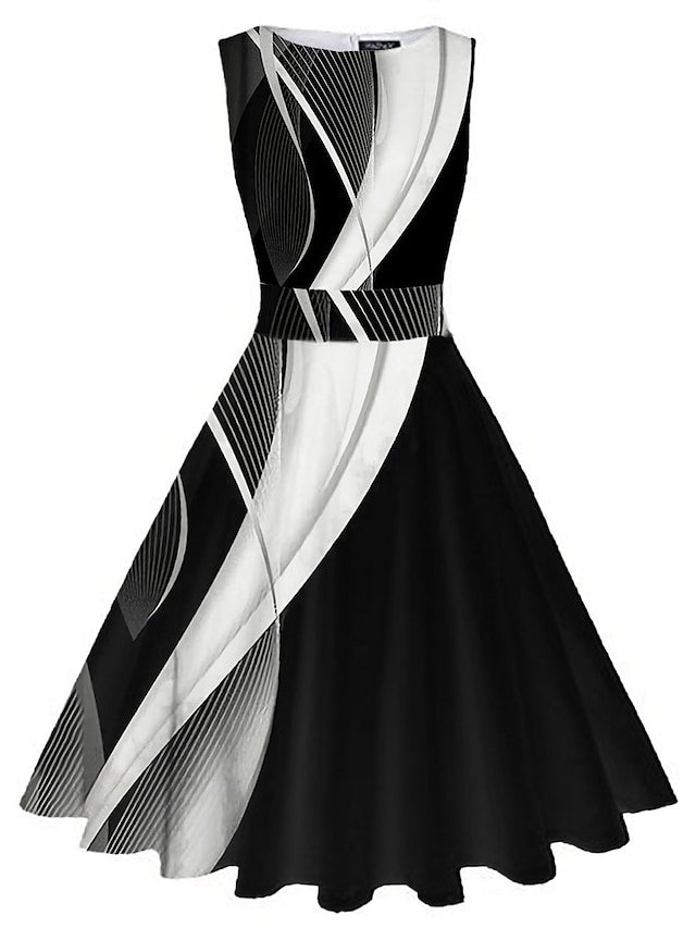 Vintage Slim Ruched Print Crew Neck Sleeveless Midi Tea Dress - Image 1
