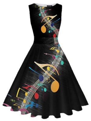 Vintage Slim Ruched Print Crew Neck Sleeveless Midi Tea Dress - Image 2