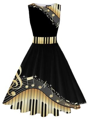 Vintage Slim Ruched Print Crew Neck Sleeveless Midi Tea Dress - Image 3