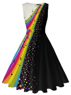 Vintage Slim Ruched Print Crew Neck Sleeveless Midi Tea Dress - Image 4