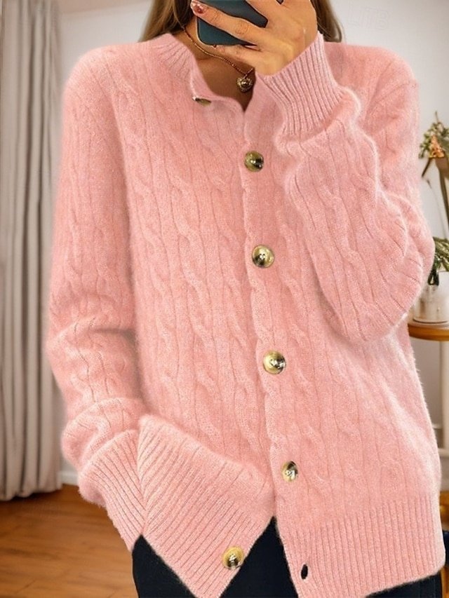 Vintage Soft Cable Knit Crew Neck Long Sleeve Cardigan - Image 1