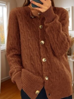 Vintage Soft Cable Knit Crew Neck Long Sleeve Cardigan - Image 10