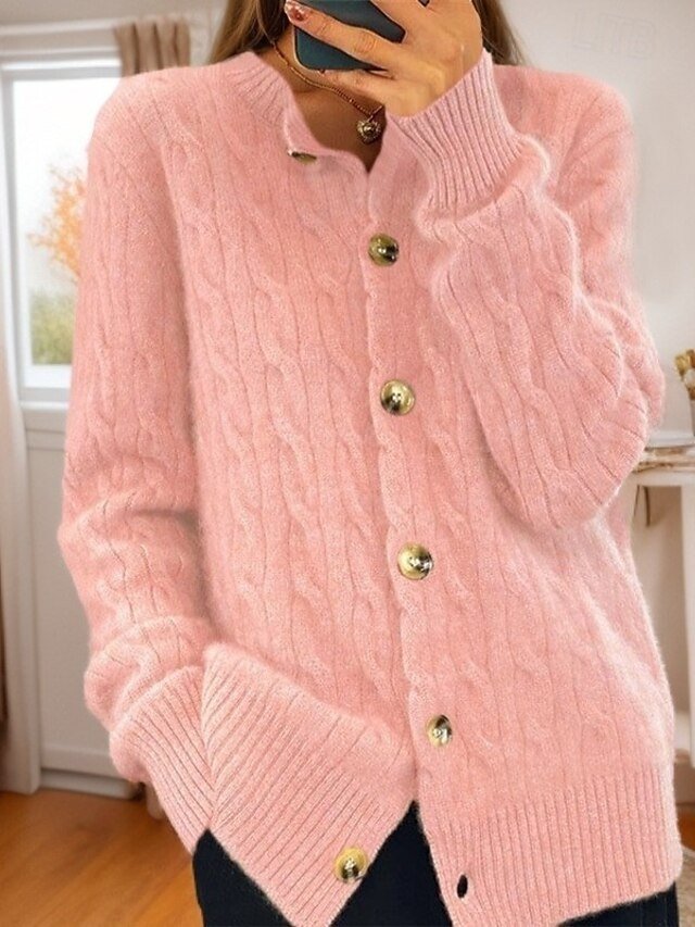 Vintage Soft Cable Knit Crew Neck Long Sleeve Cardigan - Image 2