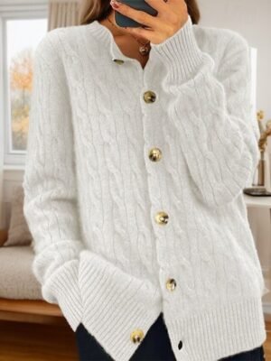 Vintage Soft Cable Knit Crew Neck Long Sleeve Cardigan - Image 4