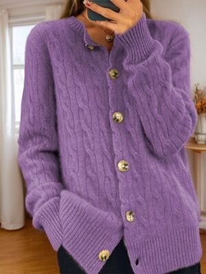Vintage Soft Cable Knit Crew Neck Long Sleeve Cardigan - Image 6
