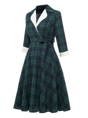 Vintage Swing Plaid Shirt Collar Long Sleeve Midi Dress - Image 2