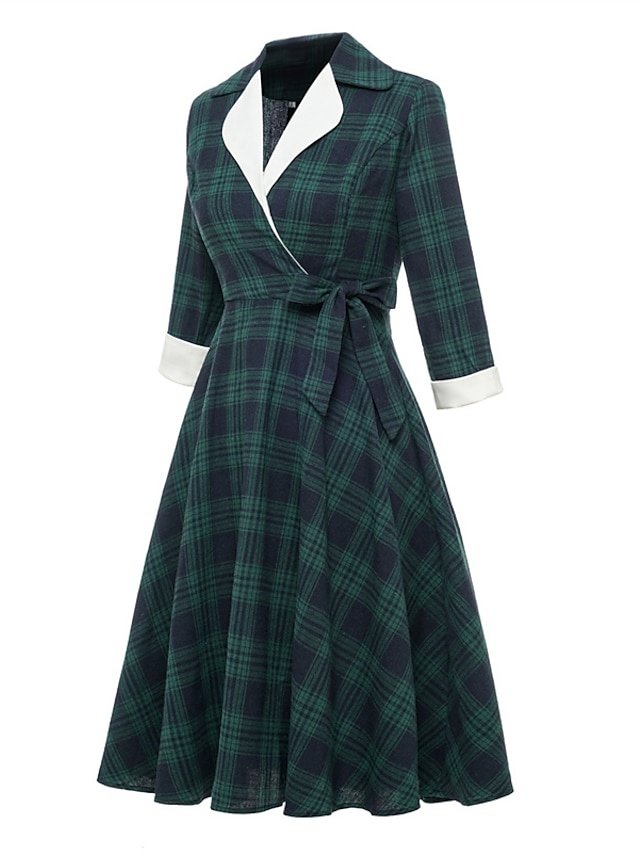 Vintage Swing Plaid Shirt Collar Long Sleeve Midi Dress - Image 2