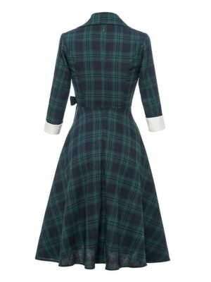 Vintage Swing Plaid Shirt Collar Long Sleeve Midi Dress - Image 3