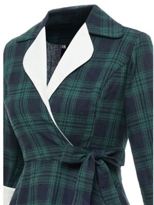 Vintage Swing Plaid Shirt Collar Long Sleeve Midi Dress - Image 4