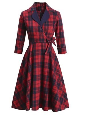Vintage Swing Plaid Shirt Collar Long Sleeve Midi Dress - Image 5