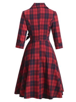 Vintage Swing Plaid Shirt Collar Long Sleeve Midi Dress - Image 6