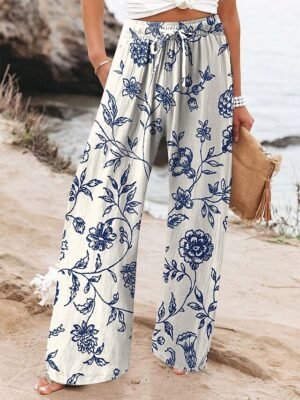 Vintage Wide Leg Floral High Waist Full Length Chinos - Image 7
