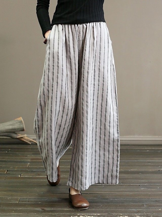 Vintage Wide Leg Striped Mid Waist Full Length Chinos - Image 1