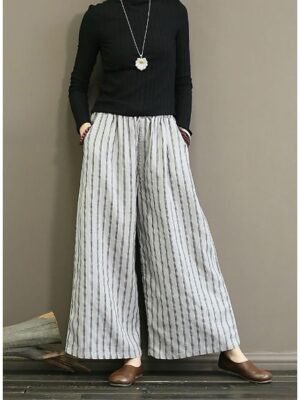 Vintage Wide Leg Striped Mid Waist Full Length Chinos - Image 2