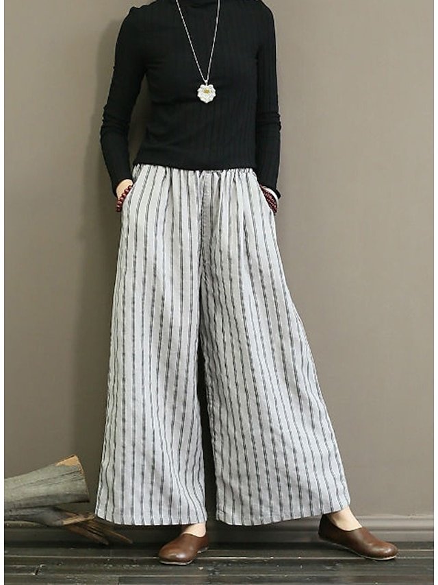 Vintage Wide Leg Striped Mid Waist Full Length Chinos - Image 2