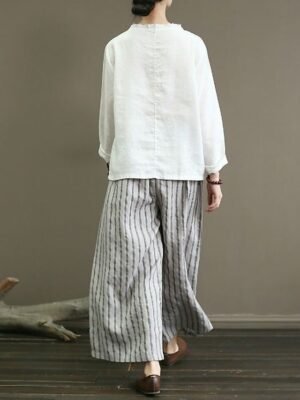 Vintage Wide Leg Striped Mid Waist Full Length Chinos - Image 4