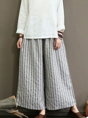 Vintage Wide Leg Striped Mid Waist Full Length Chinos - Image 5