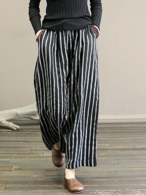 Vintage Wide Leg Striped Mid Waist Full Length Chinos - Image 6