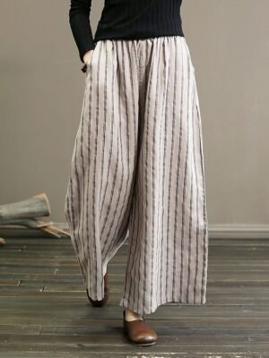 Vintage Wide Leg Striped Mid Waist Full Length Chinos - Image 9