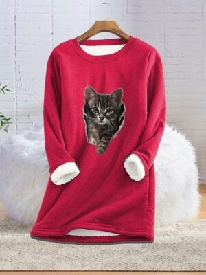 Warm Loose Cat Round Neck Long Sleeve Fleece Pullover - Image 1