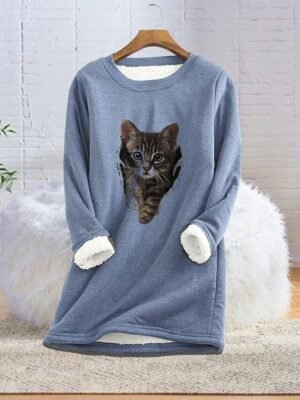 Warm Loose Cat Round Neck Long Sleeve Fleece Pullover - Image 3