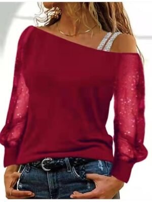 Weekend Sexy Mesh Patchwork One Shoulder Long Sleeve Tee - Image 5