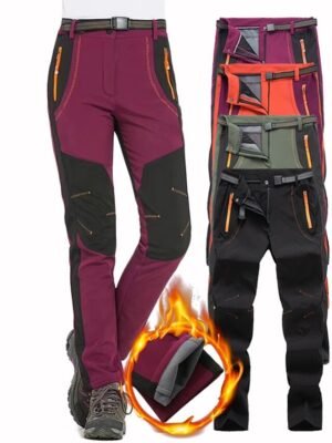 Winter Elastic Waist Solid Medium Waist Fleece Lined Trousers - Image 1