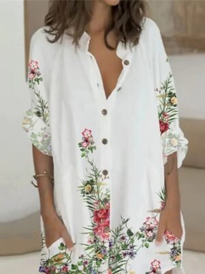 Winter Loose Geometric V Neck Long Sleeve Mini Shirt Dress - Image 3