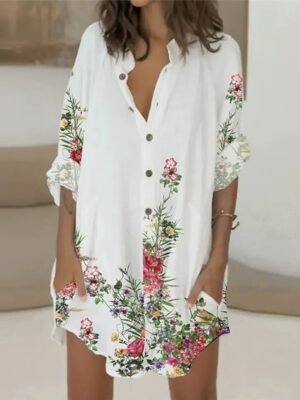 Winter Loose Geometric V Neck Long Sleeve Mini Shirt Dress - Image 4