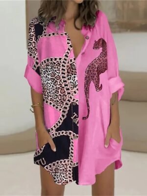 Winter Loose Geometric V Neck Long Sleeve Mini Shirt Dress - Image 5