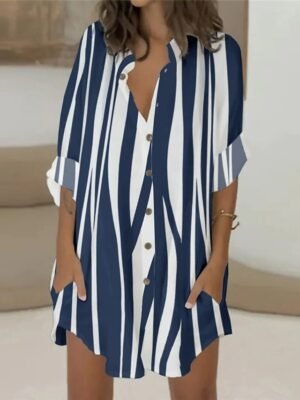 Winter Loose Geometric V Neck Long Sleeve Mini Shirt Dress - Image 7