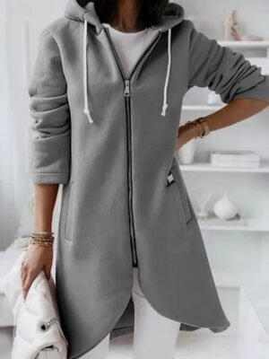 Winter Regular Fit Solid Colour Hoodie Long Sleeve Coat - Image 4