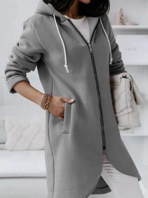 Winter Regular Fit Solid Colour Hoodie Long Sleeve Coat - Image 5