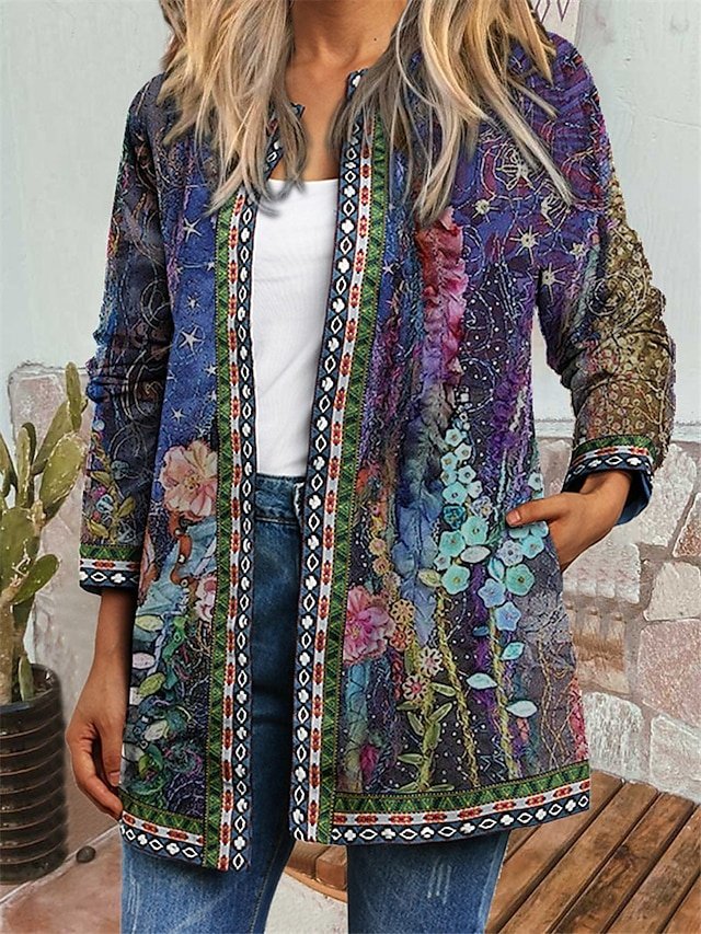 Women s Casual Jacket Floral Print Fall Winter Regular Coat Regular Fit Casual Baroque Jacket Long Sleeve Blue Daily Holiday - Image 1