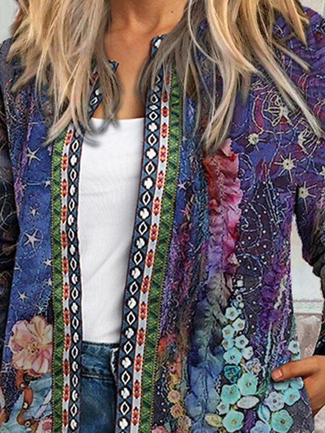 Women s Casual Jacket Floral Print Fall Winter Regular Coat Regular Fit Casual Baroque Jacket Long Sleeve Blue Daily Holiday - Image 2