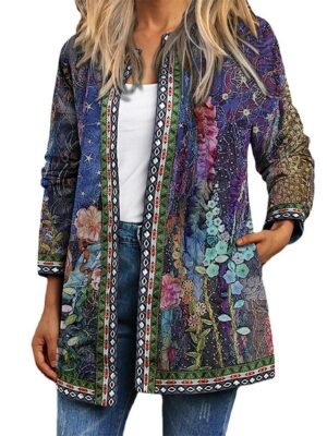 Women s Casual Jacket Floral Print Fall Winter Regular Coat Regular Fit Casual Baroque Jacket Long Sleeve Blue Daily Holiday - Image 4