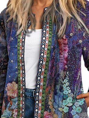 Women s Casual Jacket Floral Print Fall Winter Regular Coat Regular Fit Casual Baroque Jacket Long Sleeve Blue Daily Holiday - Image 6