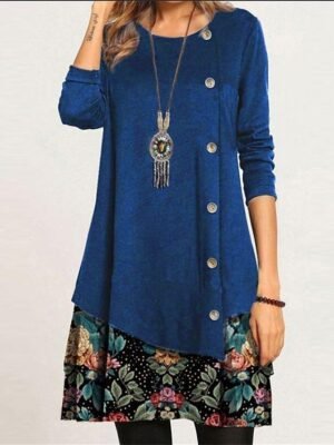 Women’s Floral Print Crew Neck Long Sleeve Mini Dress - Image 1