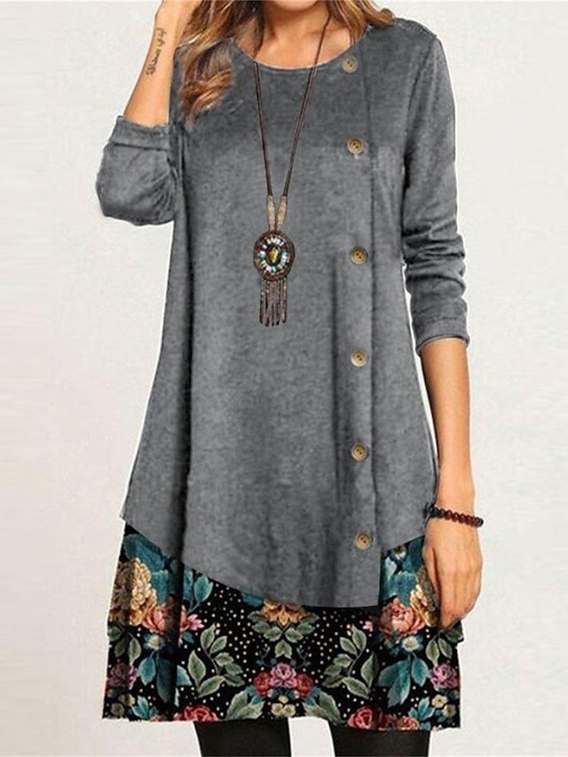 Women’s Floral Print Crew Neck Long Sleeve Mini Dress - Image 2